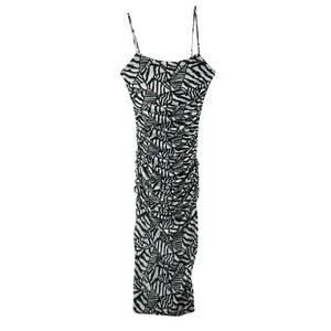 NWT Self Contrast Midi Dress Womens Sz M Black White Ruched Mesh Bodycon